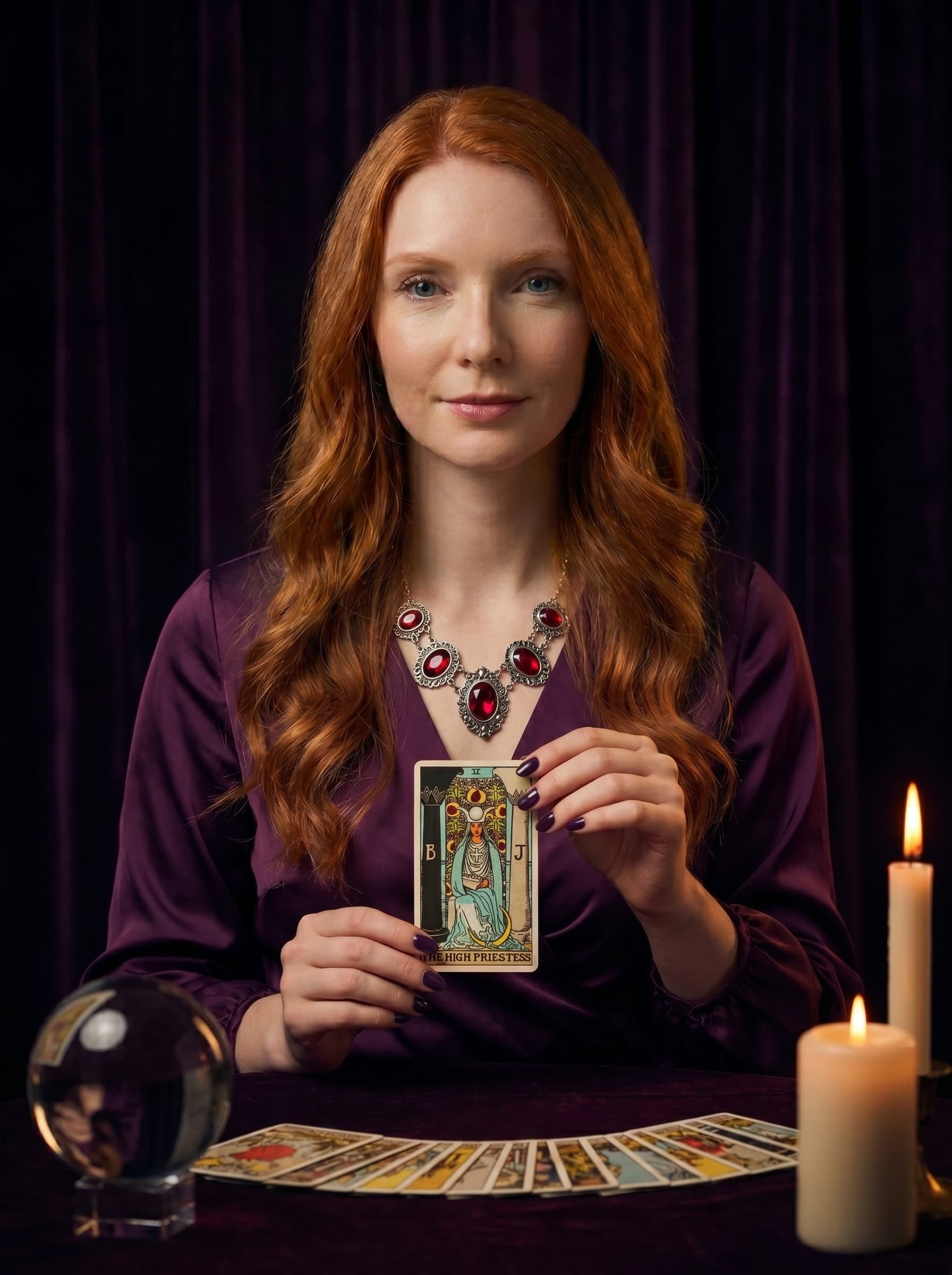 Norah Vale holding tarot cards in a candlelit reading room